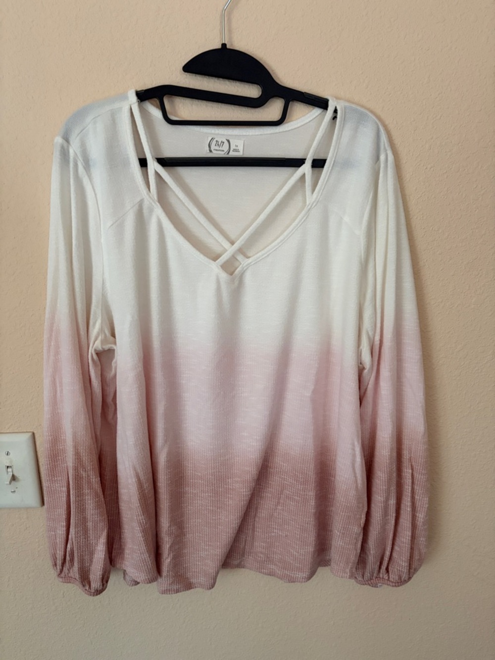 Maurices 24/7 White to Blush Ombre Crisscross Long Sleeve Tee